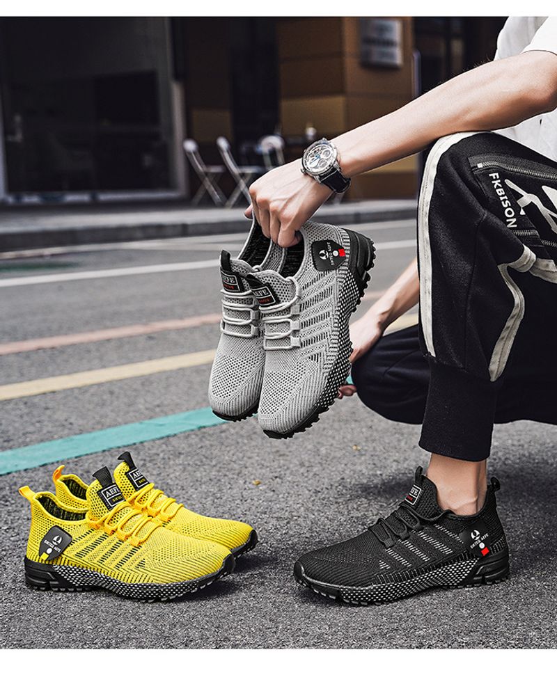 Scarpe da corsa da uomo in tessuto volante traspirante slip-on con suola spessa, semplici, in tinta unita, con rete pigra_voghion.com