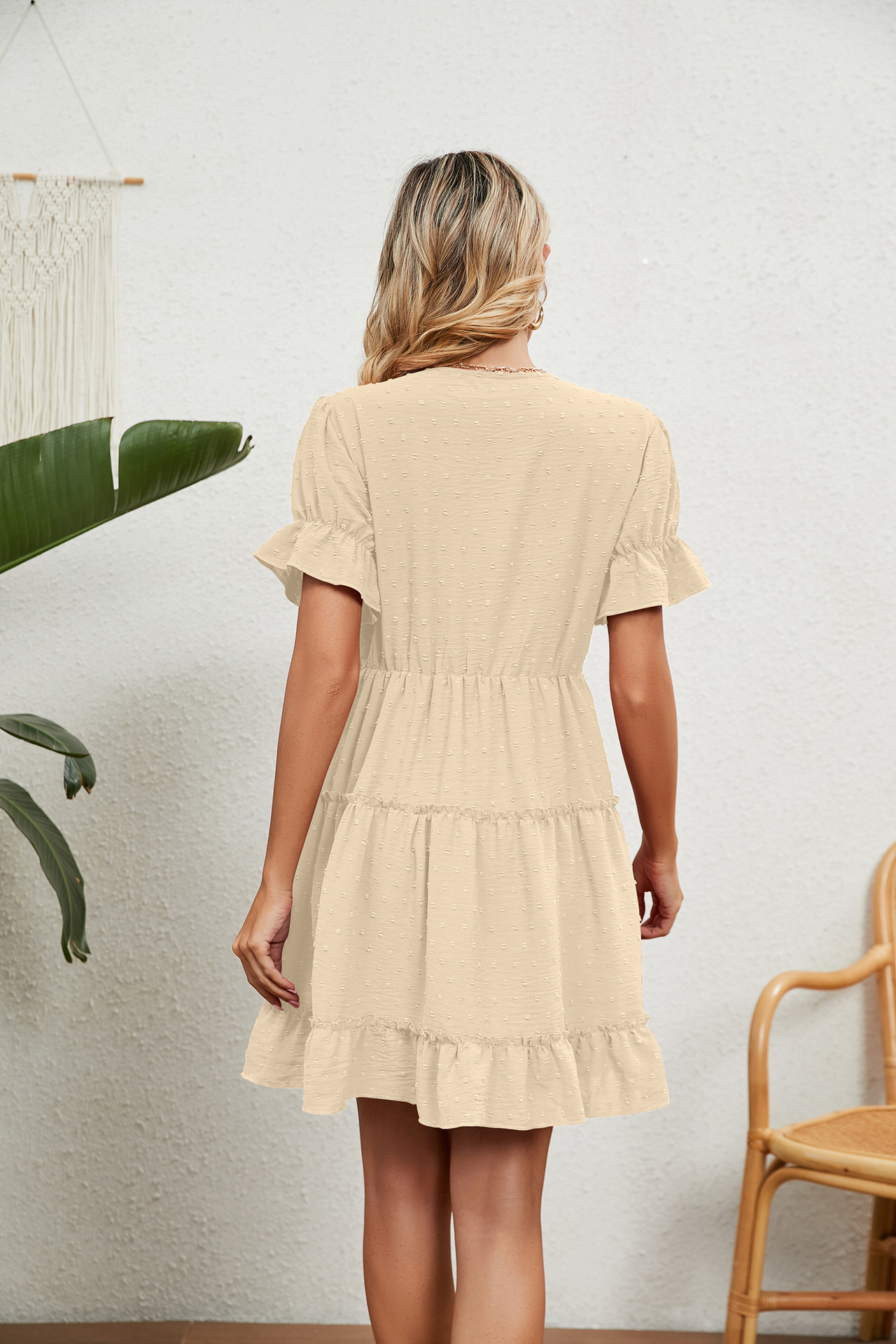 Damen-Kleid aus Jacquard-Wollknäuel mit V-Ausschnitt, lockeres, festes Kleid mit elastischer Taille_voghion.com