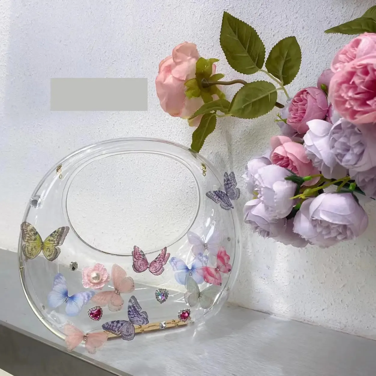 Borsa a tracolla in acrilico con decorazione a farfalla da donna, trasparente, per matrimonio, sera, festa, borsa rotonda 2024, borsa a mano 240907_voghion.com
