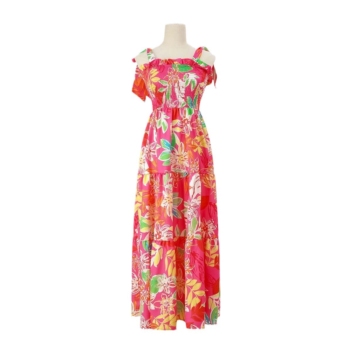 Damenkleid „2024 Summer“ mit Blattmuster und Wickeldesign und Bindeband_voghion.com