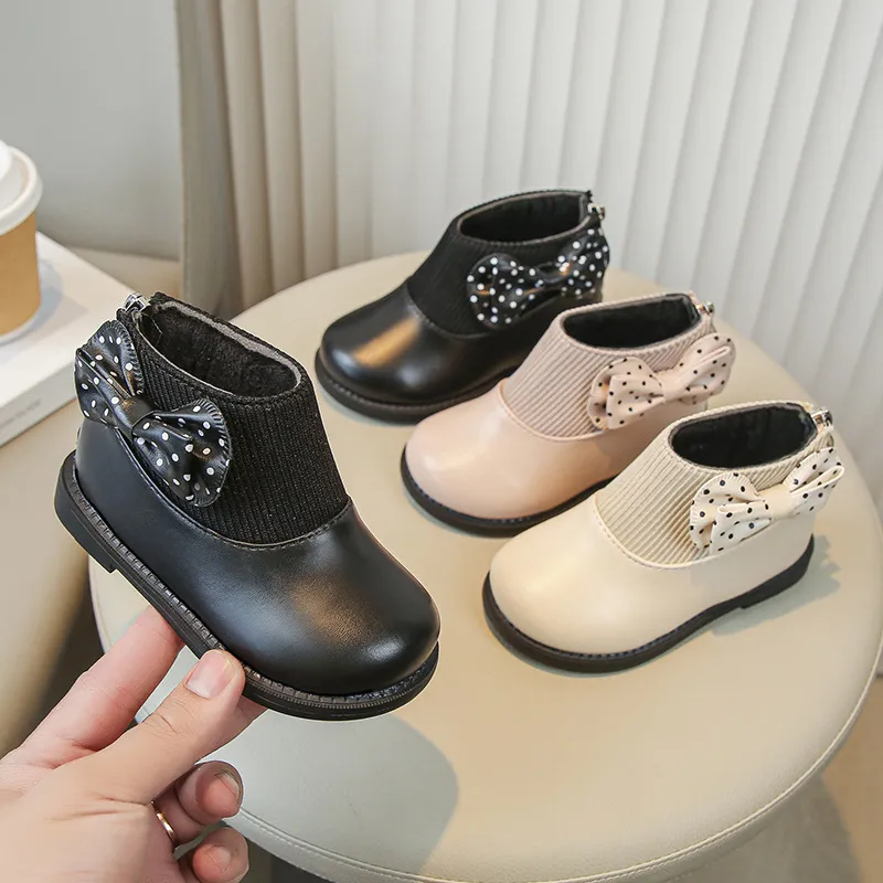 Children's Cotton Winter New Kids Bow Girls Soft Bottom PU Leather Baby Princess Boots Toddler Shoes Size US5.5C-US12.5C_voghion.com