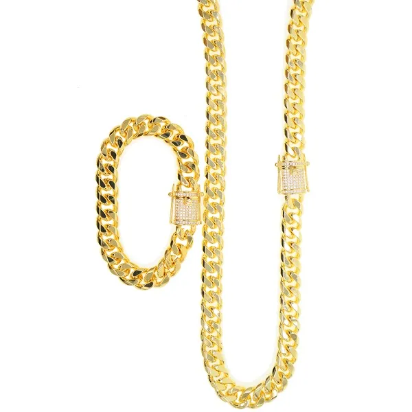 Iced Out Bg Kubas kaklarota ar pilnu bruģētu Cz aizdare Hip Hop kaklarotu rokassprādzes komplekts vīriešiem Miami Cuban K zelta pildījums vīriešiem_voghion.com