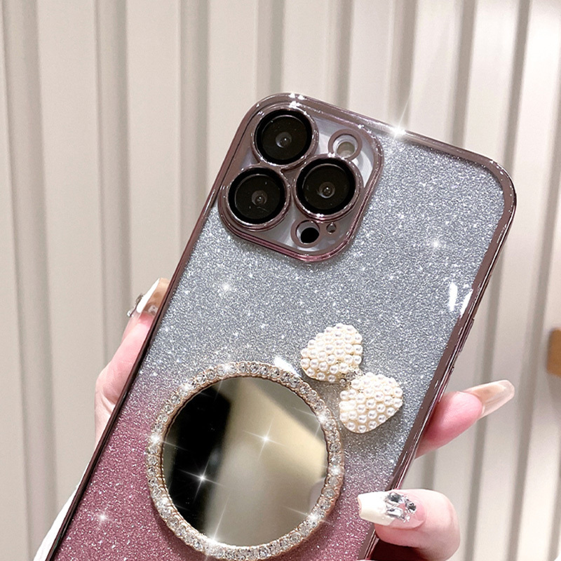 Bow Heart Bracelet Mirror Case For iPhone 15 13 11 12 Pro Max 14 Plus Glitter Flash Gradient Plating Cover_voghion.com