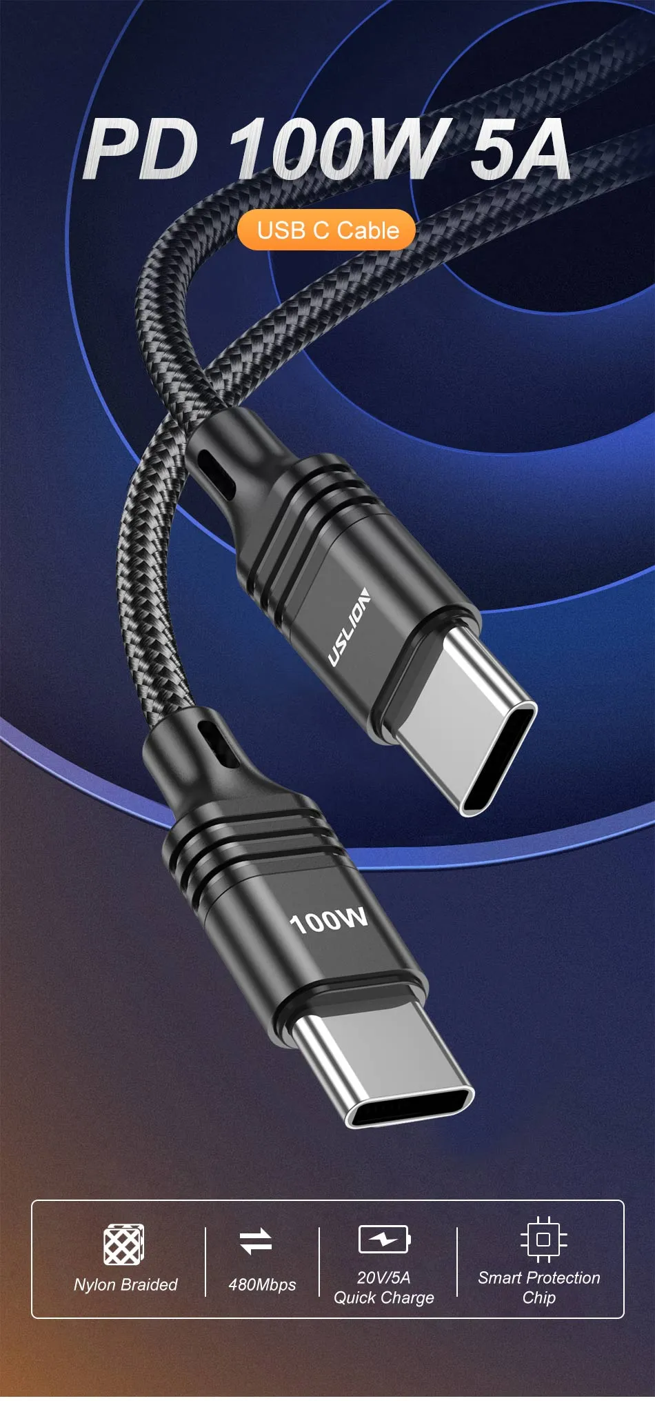 100W USB Type C PD Charging For Samsung S22 S21 Xiaomi 12T Pro To USB-C Cable Mobile Phone Charger Wire Cord_voghion.com
