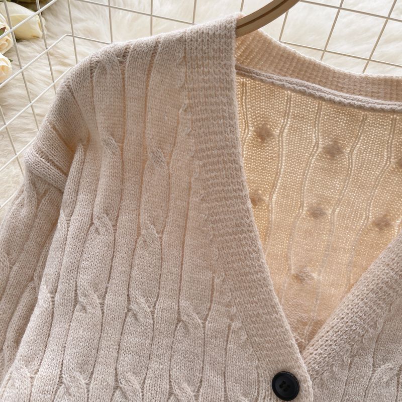 Ubrania damskie Retro leniwy styl dzianinowy kardigan kobiety jesień zima dekolt w serek miękki i luźny design niszowy temperament_voghion.com