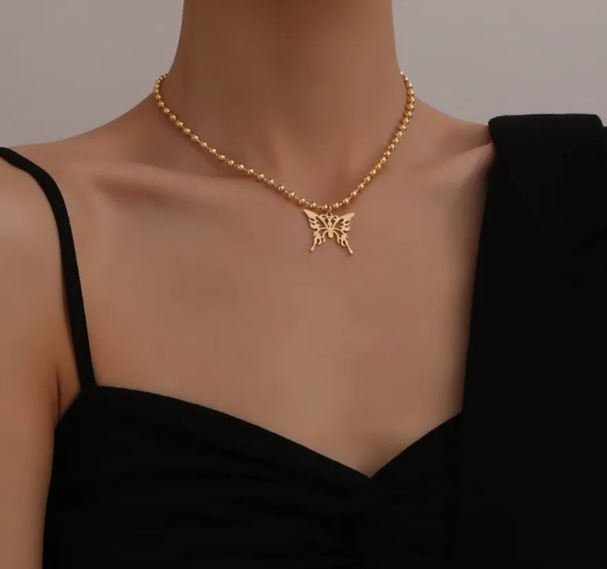 Ketten Einfache Aushöhlen Schmetterling Anhänger Runde Perlenkette Titan Stahl Halskette Für Frauen Modeschmuck_voghion.com