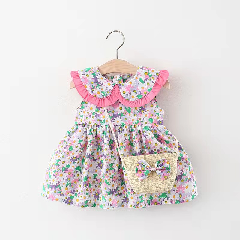 Bloem bedrukte babymeisjesjurk Mouwloos poppenkraagje Schattige jurk Verjaardagsfeestjurk Stuur strik tas_voghion.com