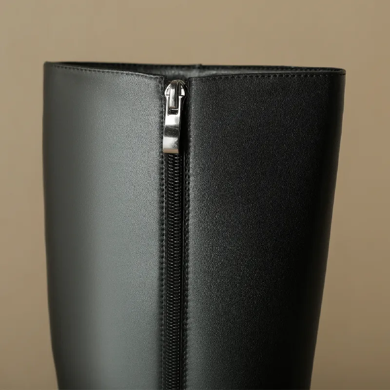Genuine Leather Tall Women Thick Heels Knee High Boots Autumn Winter Warm Ladies Long Shoes Black Elegant Designer_voghion.com