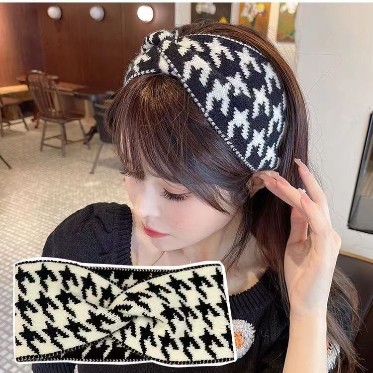 ins vintage mille oiseaux à carreaux tricoté en laine bandeau automne hiver large bord sport bandeau noir et blanc accessoires pour cheveux femme