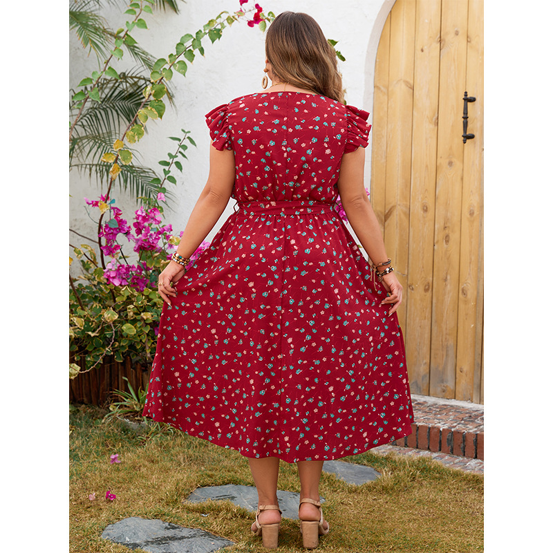 Damklänning plus size röd med tryck och spets ärmlös lång kjol_voghion.com