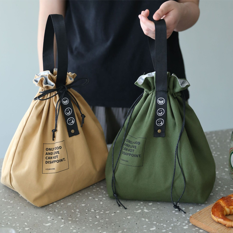 Insulated Bento Bag Wide Opening Canvas Drawstring Lunch Box Storage Bag School Handbag Picnic Camping Kitchen Accessories_voghion.com