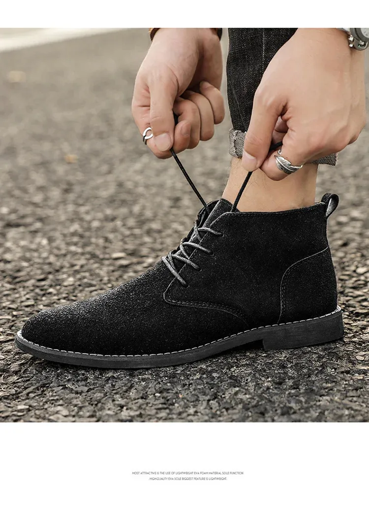 Chaussures en cuir suédé kaki de Style britannique bottines en dentelle confortables hommes Botas Para Hombre 250425_voghion.com