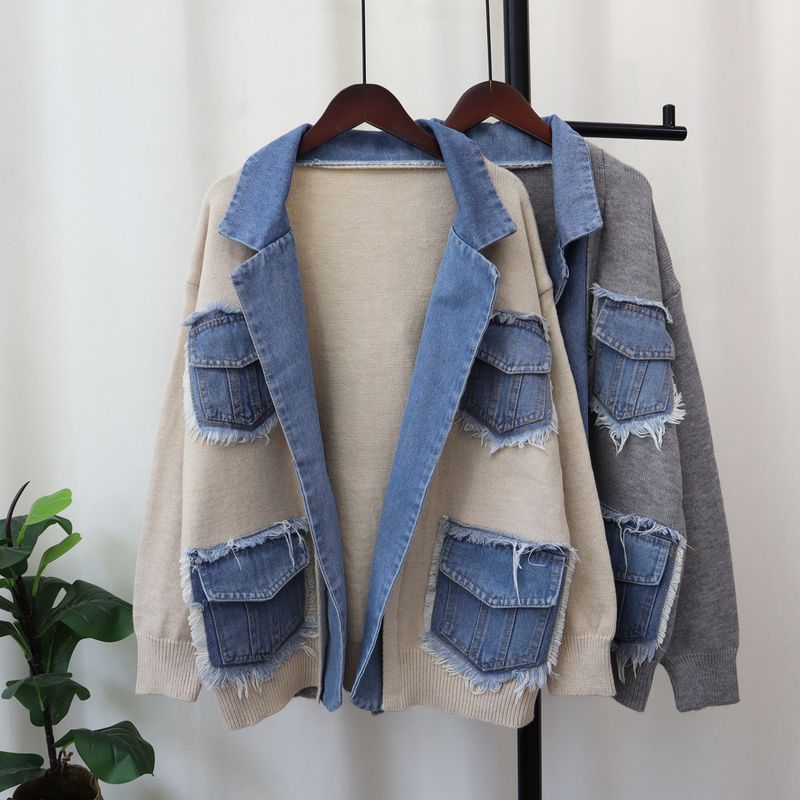 Women's Clothing new denim splicing sweater jacket design loose casual versatile knitted cardigan trend_voghion.com