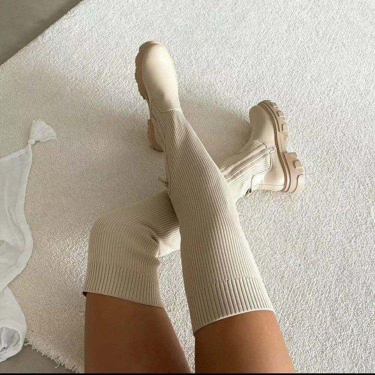 Bottes hautes grande taille pour femmes pour femmes automne nouvelles bottes tissées volantes à bout rond au-dessus du genou pour femmes