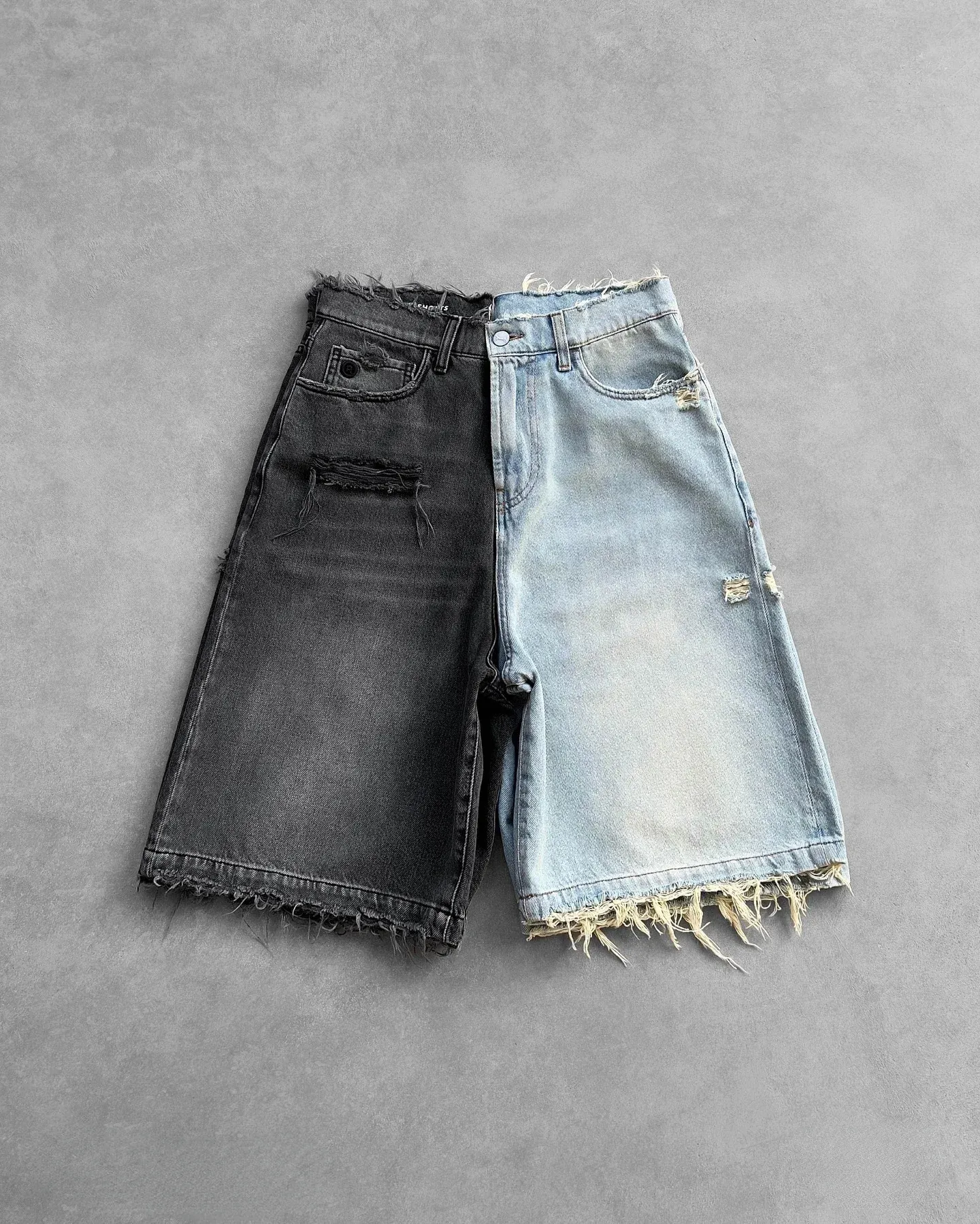 Reaven Summer Hip Hop Ripped Hole Raw Edge Denim Black Blue Wash Punk Work Shorts Vintage Men Women Jorts Y2K Streetwear_voghion.com