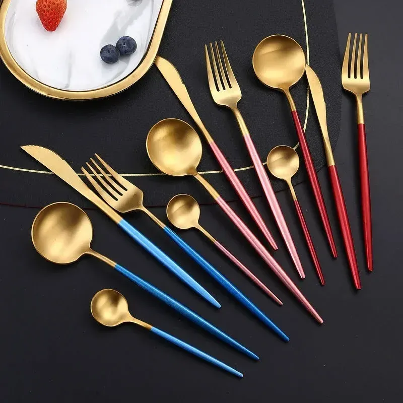 Vajilla dorada, vajilla de acero inoxidable con espejo, cubiertos de cocina, cuchillos, tenedores y cucharas, cubiertos para bodas y restaurantes._voghion.com