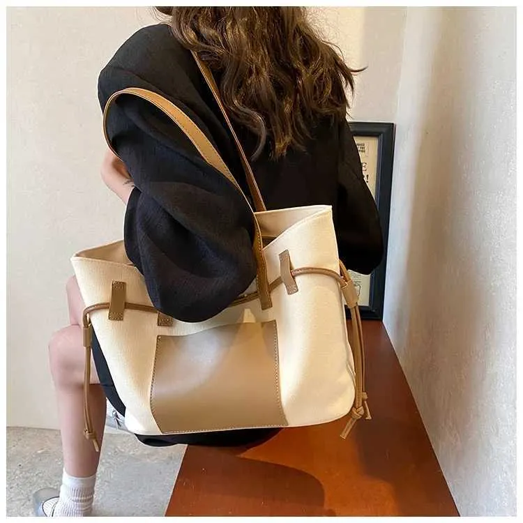 Women's Shoulder Bag Tote Bag Contrast Canvas Pu Large Capacity_voghion.com