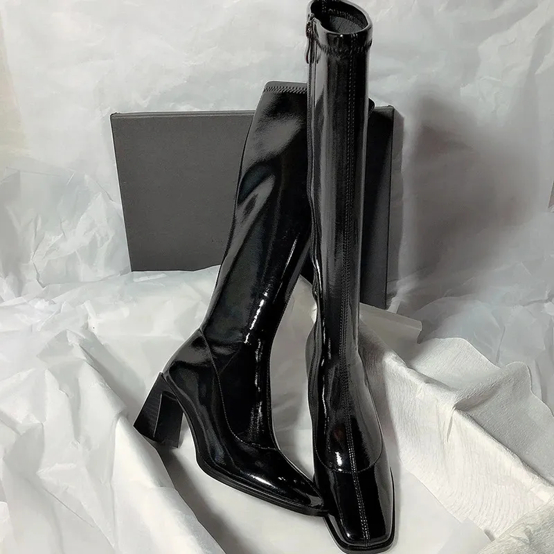 Patent leather boots autumn square toe knee high Botas womens side zipper thick high-heeled shoes for women 240930_voghion.com