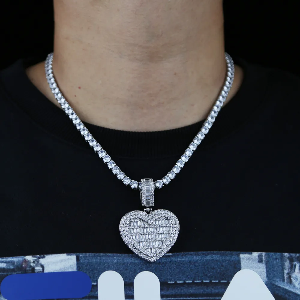 Chains Valentine's Day Gift Women Men Micro Paved 5A Cubic Zirconia Baguette Cz Big HipHop Full Iced Out Heart Pendant_voghion.com