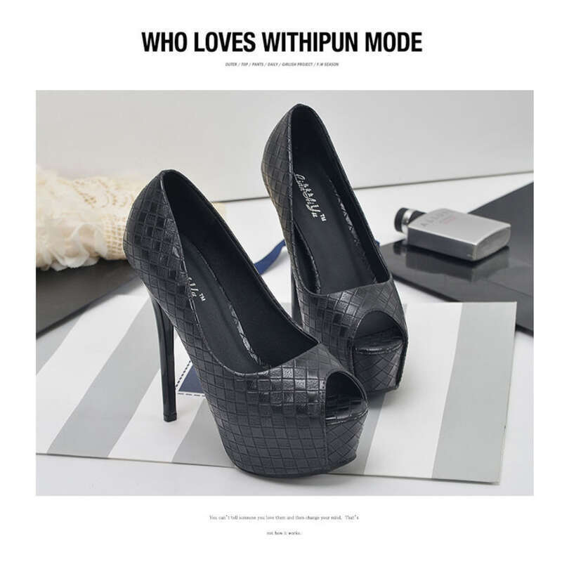 Schlanke Ultra-High-Heels für Frühling und Herbst, wasserdichte Plateauschuhe, Fischmaul-Einzelschuhe, gewebtes Plaidmaterial für Damen_voghion.com