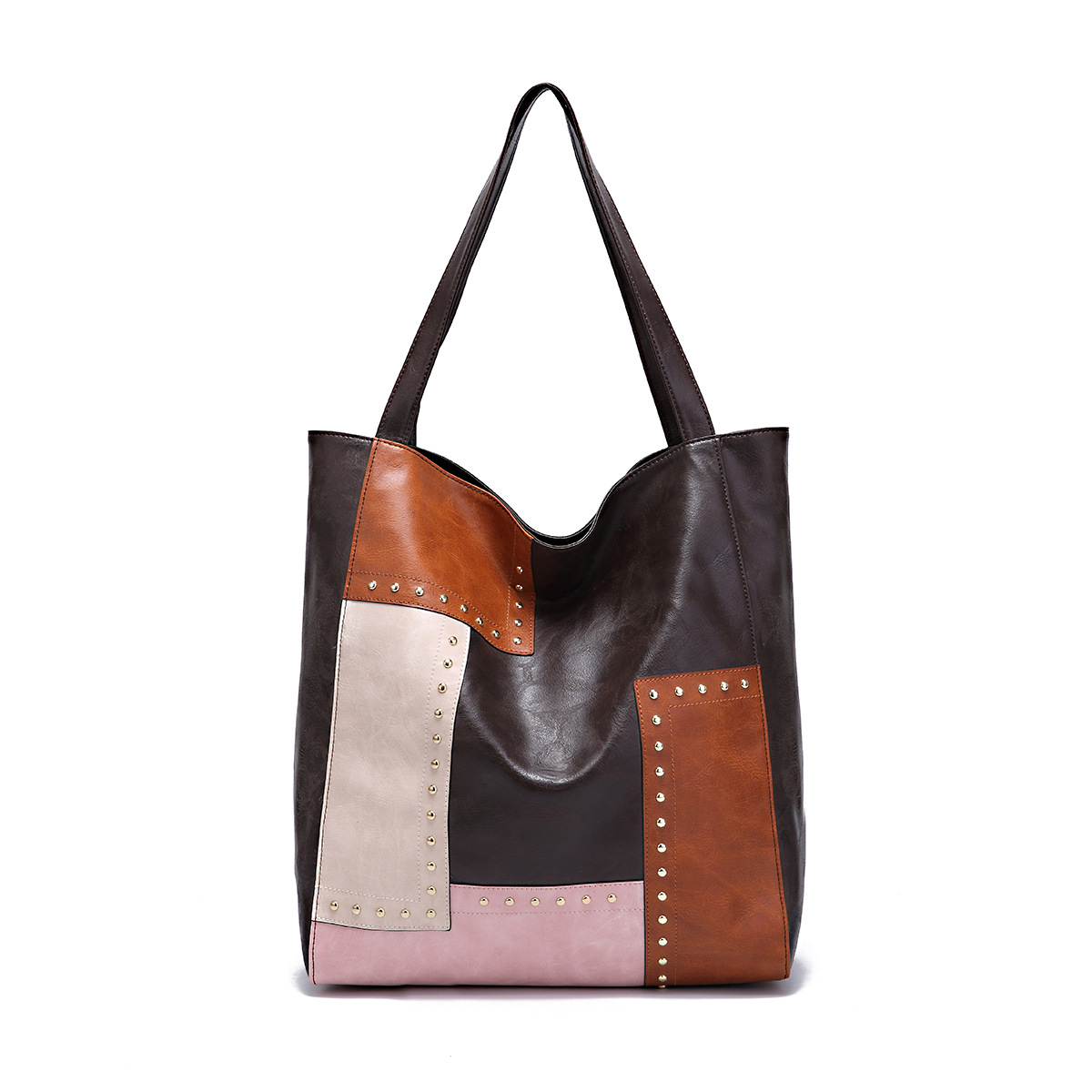 Borsa da donna, stile retrò, con rivetti, cuciture a contrasto, grande capacità, borsa a tracolla da donna_voghion.com
