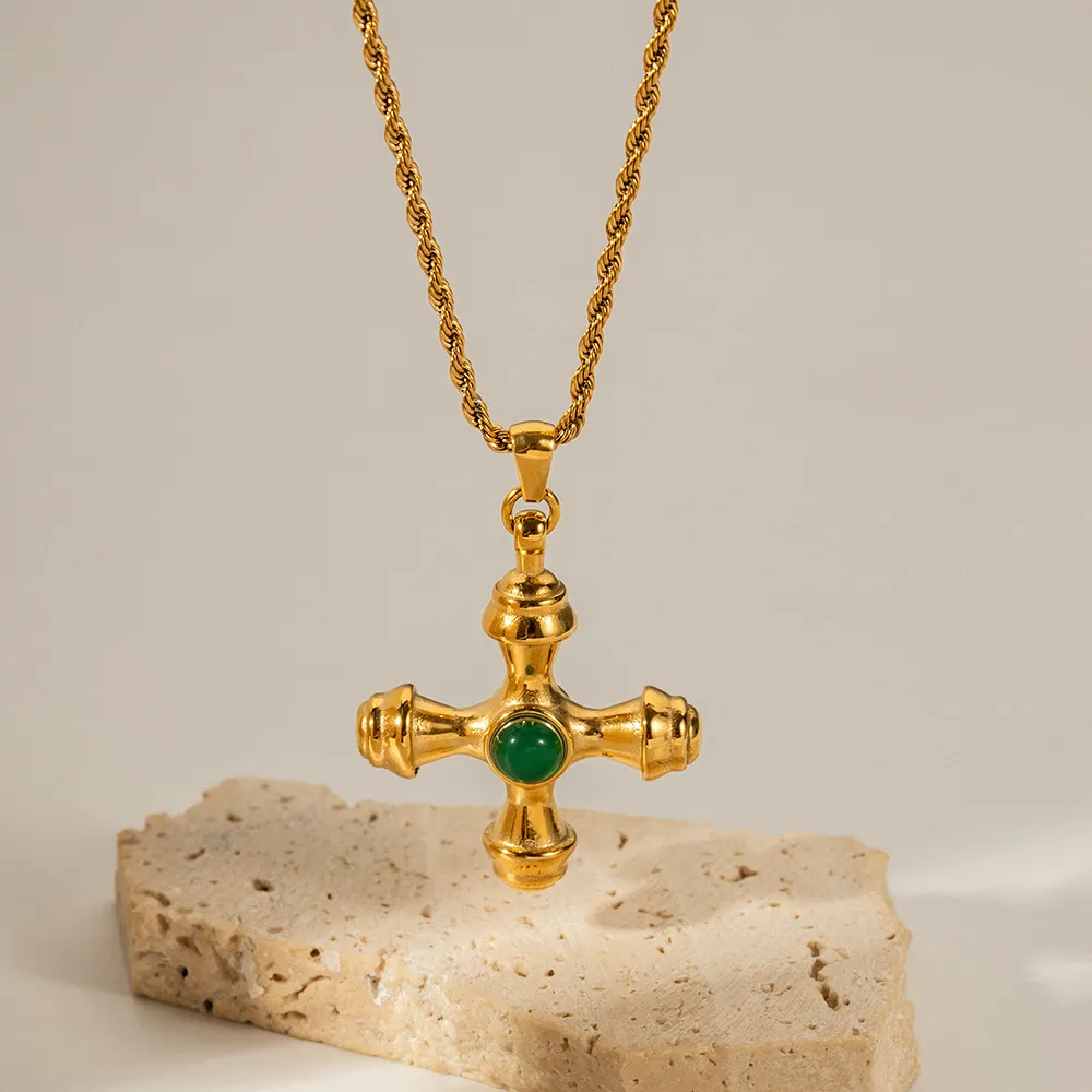 Collana con ciondolo a croce in acciaio inossidabile dorato di tendenza di design per donna con occhi di tigre che non sbiadiscono, alla moda_voghion.com