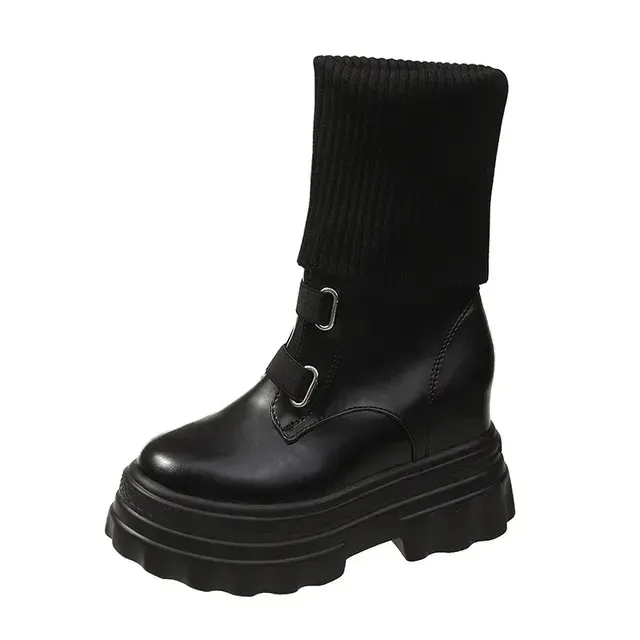 Platform Women Gothic Elastic Band Wedges Boots Frosted Leather Thick Sole Punk Internal Increated Short Botas Mujer_voghion.com
