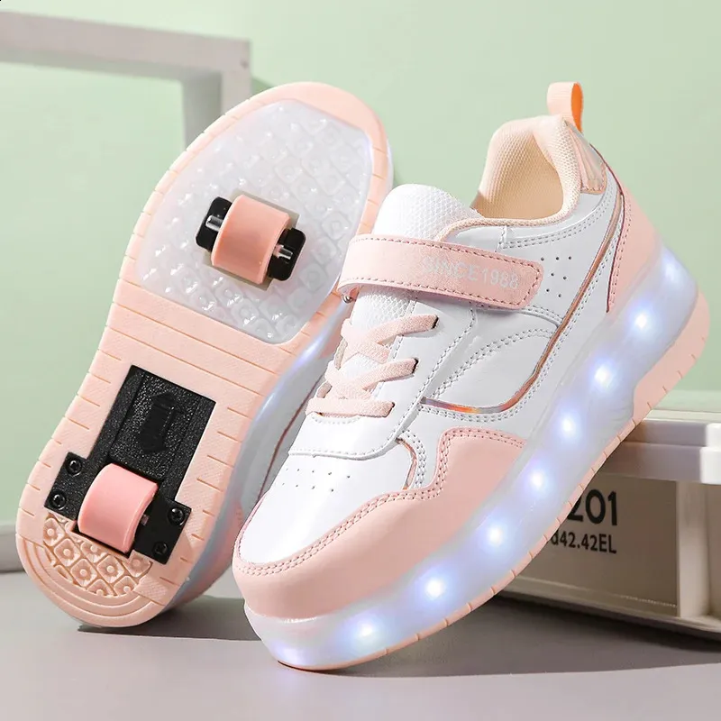 Chaussures à roulettes à LED pour filles et garçons, baskets pour enfants avec roues, rose, 240723_voghion.com