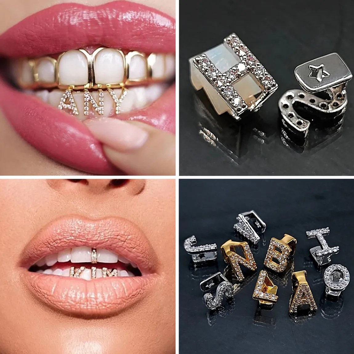 Weißgold Iced Out A-Z Custom Letter Grillz Volldiamant DIY Fang Grills Untere Zahnkappe Hip Hop Dental Mund Zähne_voghion.com