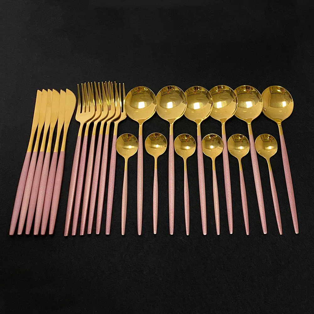 Conjunto de talheres de mesa dourados, 24 peças, aço inoxidável, garfo, faca, colher, talheres, caixa de presente 210317_voghion.com