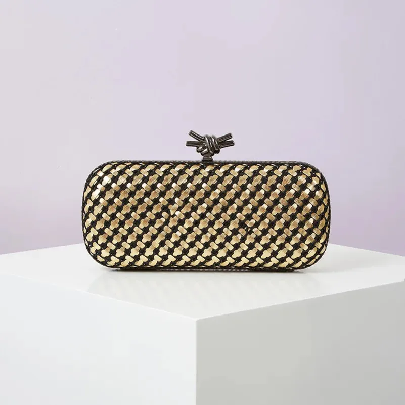 Gold Evening Clutch Bag for Women Leather and Bright e Woven Purse Elegant Ladies Metal Knot Party Handbag Bolsas_voghion.com