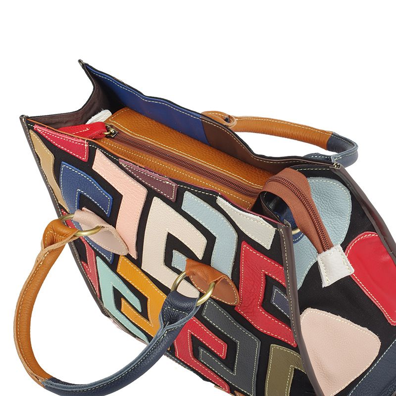 Modere Lederhadtasche mit farbefrohem, kotrastieredem geometrischem Muster, Crossbody-Hadtasche aus Leder für_voghion.com