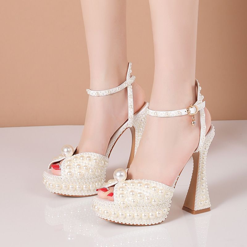 Frühling neue Fischmaul High Heels dicke Ferse Rhie Perle Frauen Einzelkleid Braut Hochzeit Schuhe_voghion.com