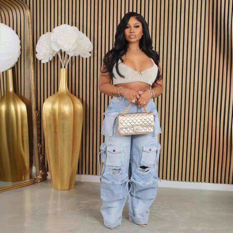 Women's Clothing Multi-pocket Hole Fashion Casual Workwear Jeans_voghion.com