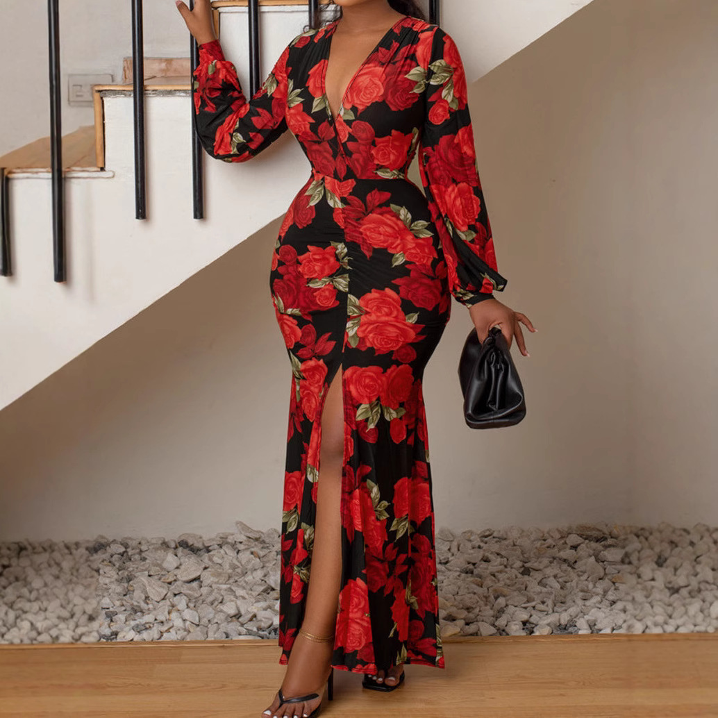 Robe imprimée à col fendu à la taille pour femme, grande taille, printemps