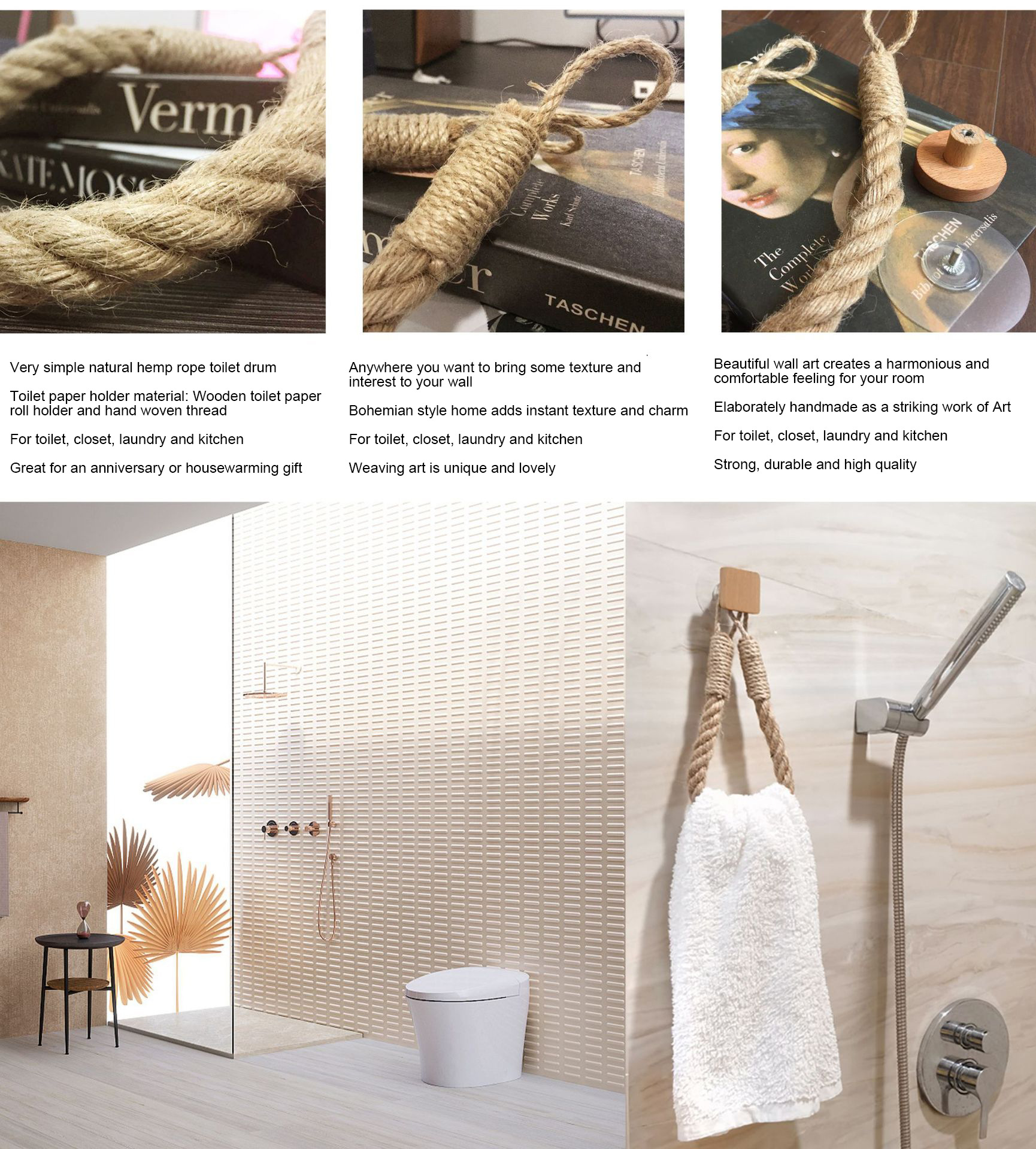 Porta pañuelos de papel sin agujeros para colgar en la pared con cordón de algodón Porta pañuelos de papel de madera maciza con combinación_voghion.com