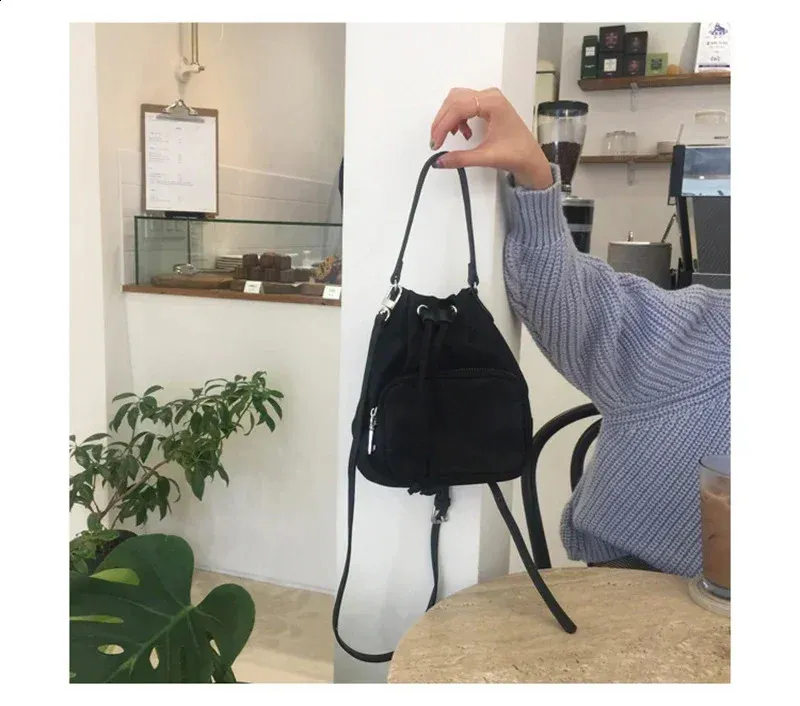 Mini Drawstring Bucket Shoulder Bag For Women Nylon Vintage Style_voghion.com