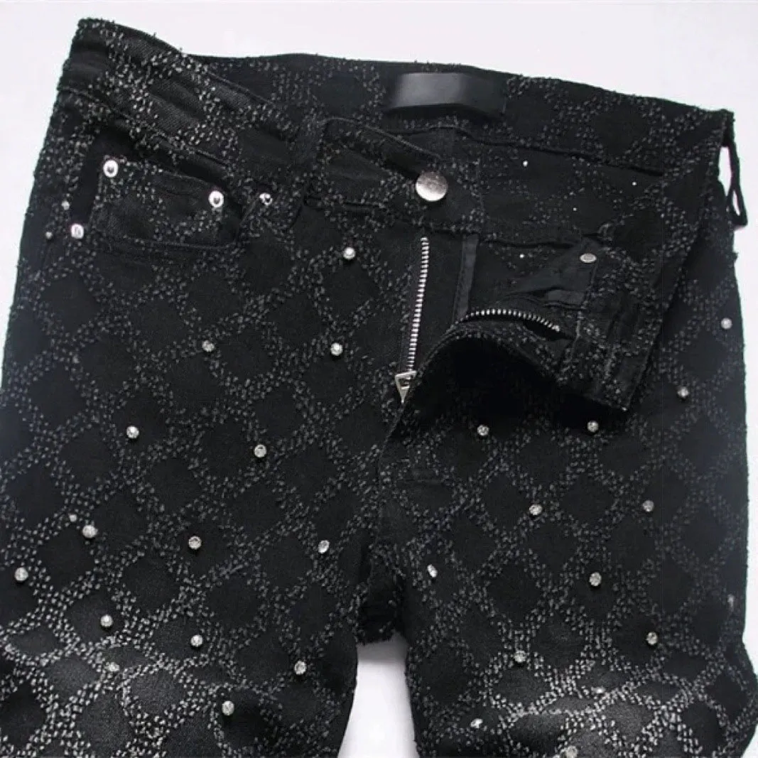 Herren Designer Slim Fit Jeans Schwarz Mit Diamant Applikation_voghion.com