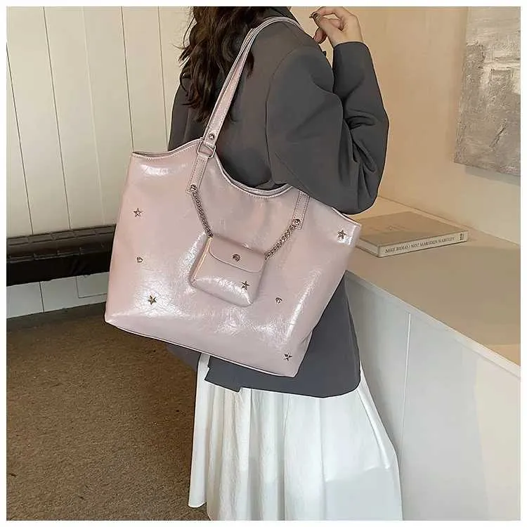 Sacs à bandoulière en cuir PU solide pour femmes, sacs de loisirs de grande capacité pour les déplacements féminins, sacs sous les bras avec étoiles et appliques, poignée_voghion.com