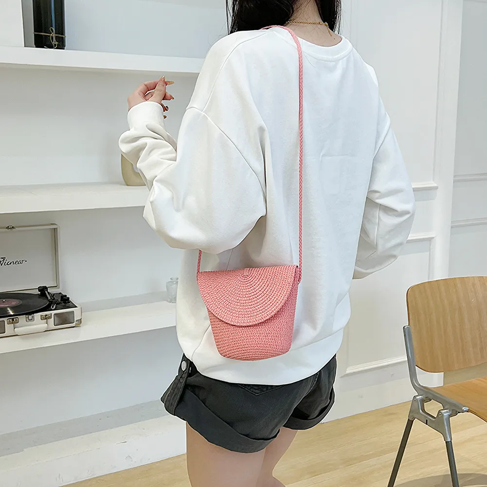 Borsa a tracolla estiva da donna, in tessuto alla moda, casual, semplice, portatile, elegante, fatta a mano, in tinta unita, per il fine settimana._voghion.com