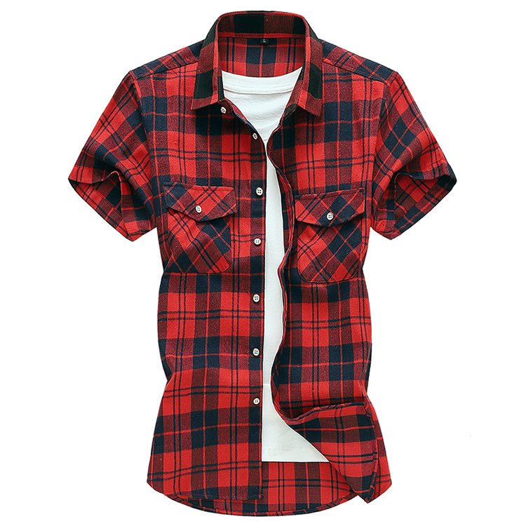 Camicia da uomo estiva a maniche corte a quadri a righe, casual, in cotone, bianca, rossa, verde, grigia, blu_voghion.com