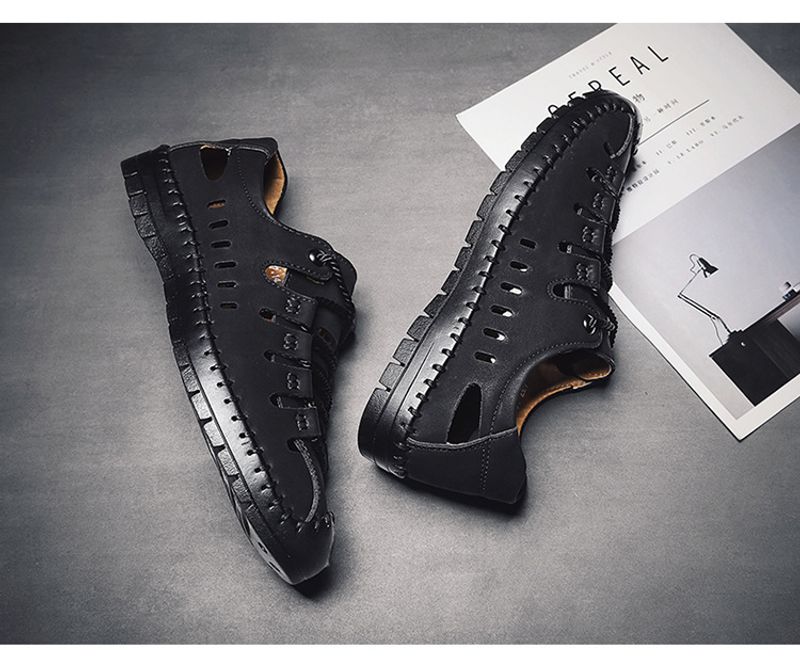 Sommer nye herresandaler, udendørs strand håndlavede hule åndbare fritidssko med hul, snørebånd indpakkede lædersko_voghion.com