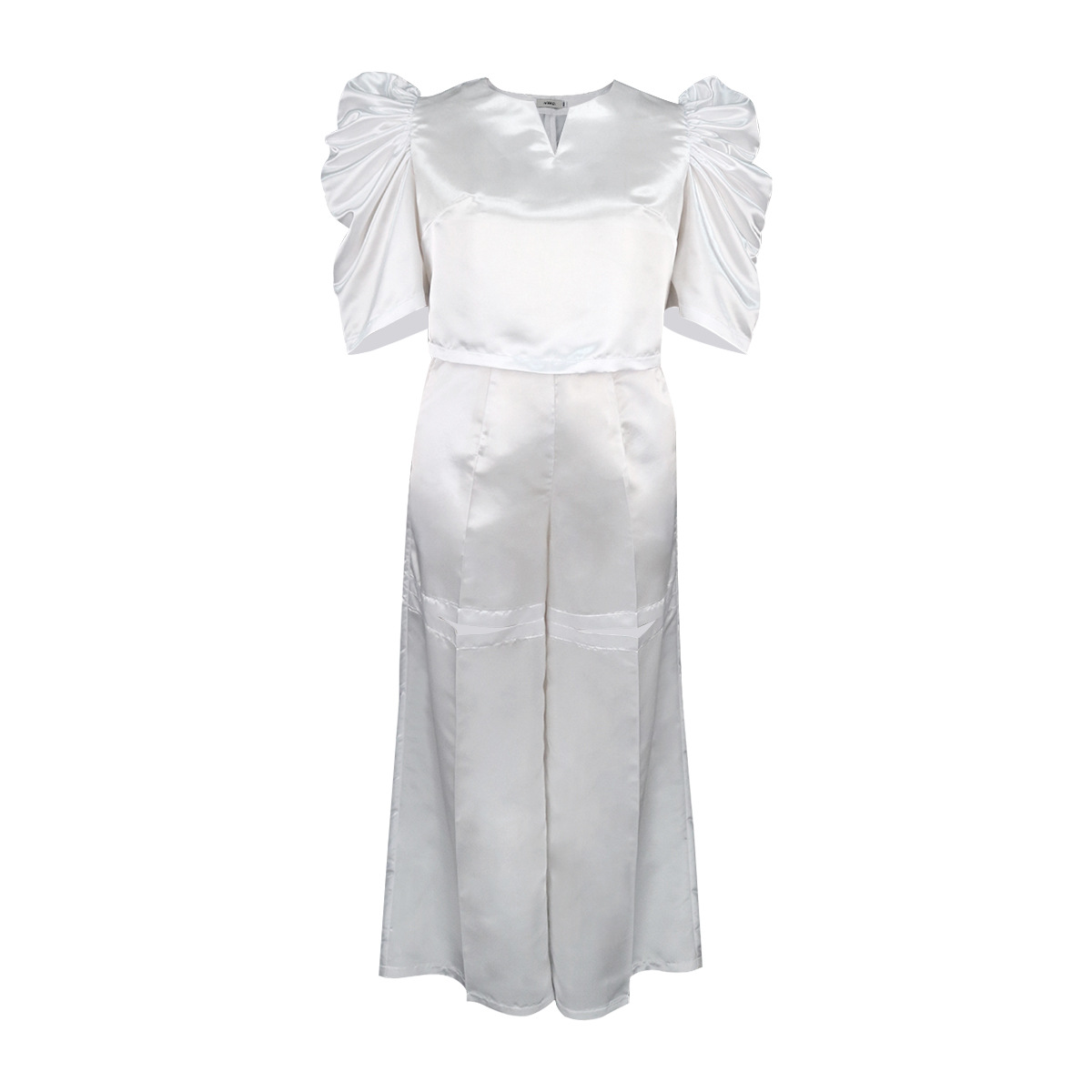Women's solid color half-open collar top high waist wide leg pants suit large size female two-piece set_voghion.com