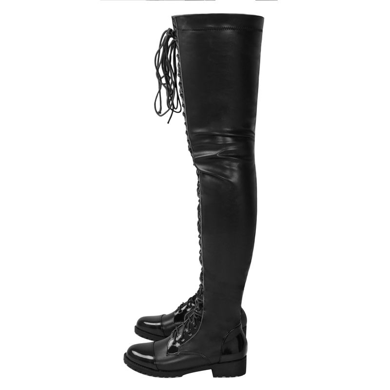 Neue sexy Schnürstiefeletten aus Leder mit seitlichem Reißverschluss und niedrigem Absatz und über dem Knie in Übergröße für Damen_voghion.com