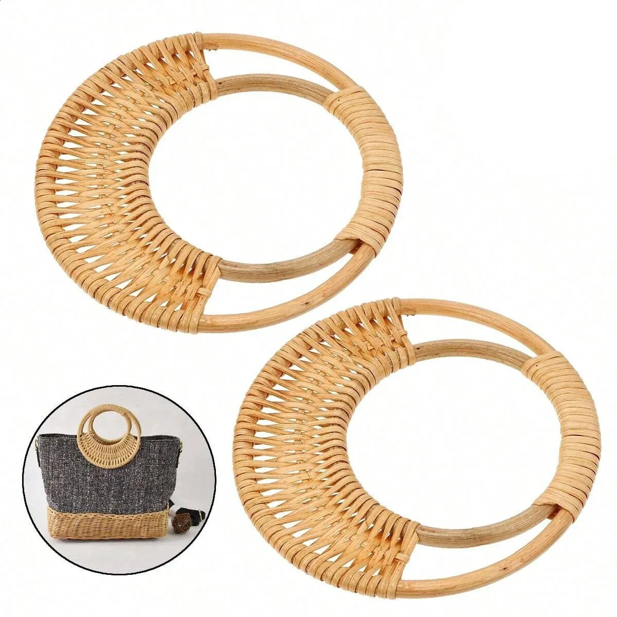 Borsa a mano in rattan intrecciato con manici di ricambio per tracolla per borsa fai da te, accessori per borse in bambù retrò 240731_voghion.com