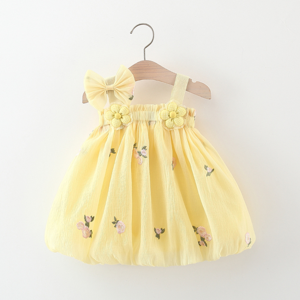 Babymeisje zomer chiffon jurk bloem geborduurd gele jurk Koreaanse stijl kinderkleding_voghion.com
