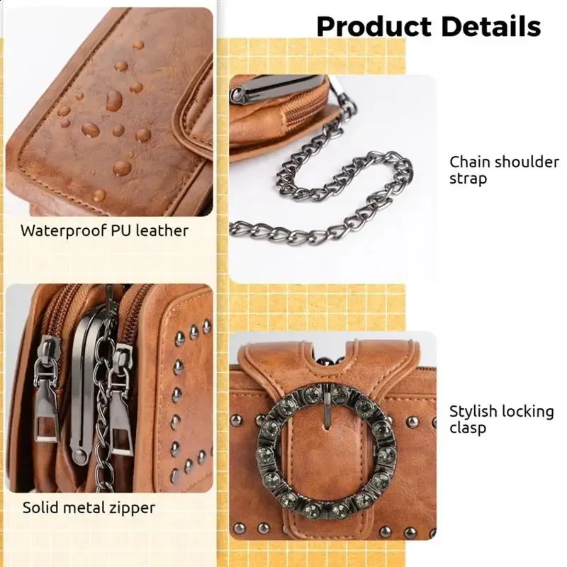Borsa a tracolla quadrata con pochette, piccola borsa per cellulare, borsa a mano in PU per donna con tracolla a catena 240830_voghion.com