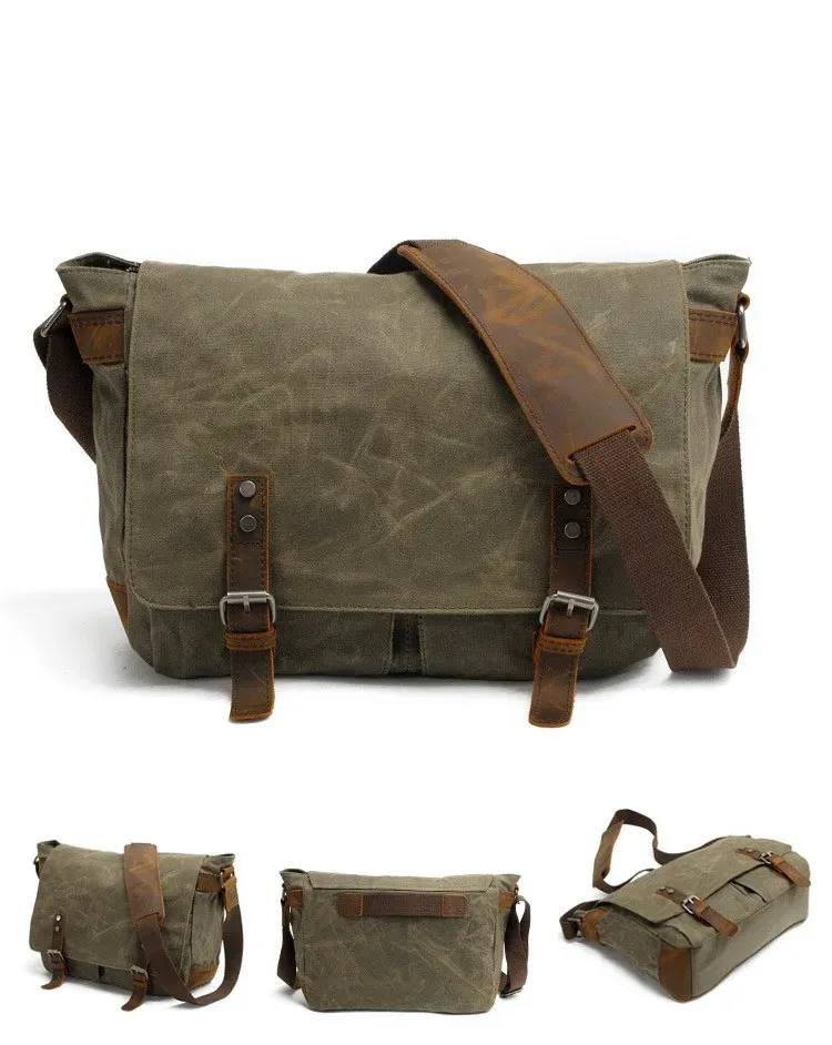 Vintage per uomo Borsa a tracolla in tela oliata da uomo Borsa a tracolla singola Borsa per computer portatile Borsa a tracolla 241115_voghion.com