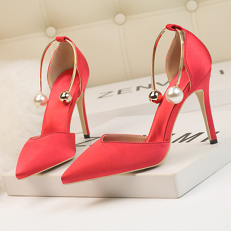 Fashion women's shoes high heels shallow mouth satin hollow pointed nightclub metal one-line sandals