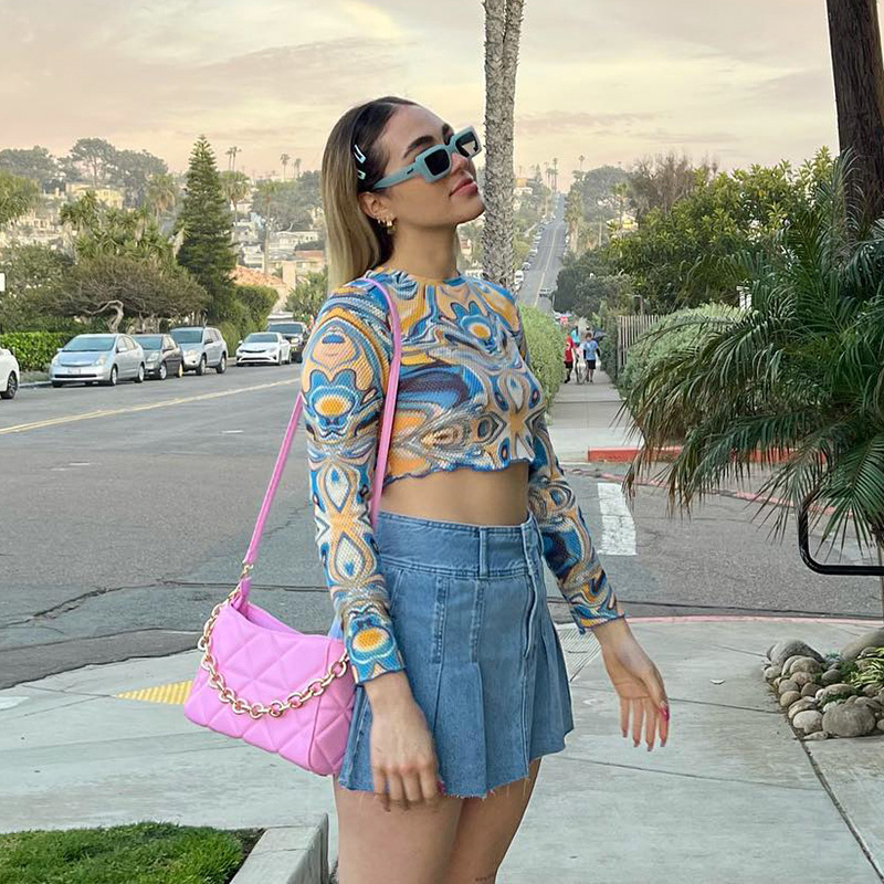 D22TP354 Autunno Nuovo 2024 Girocollo Maglione Manica Lunga Maglia Stampata Ombelico Aperto Top T-shirt Donna_voghion.com